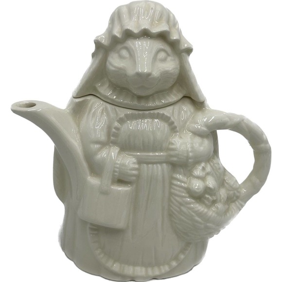 Vtg Bunny Rabbit Teapot White Ceramic Lid 9" Signed Collectible Cottage Core - Picture 1 of 10